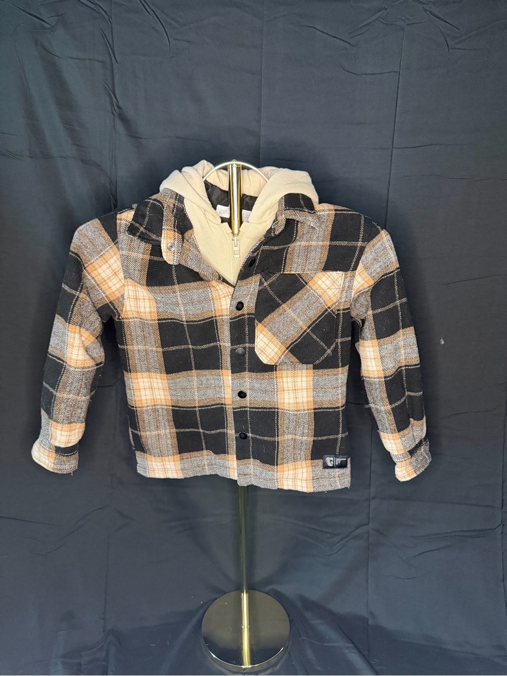 Kids Plaid Hooded Flannel Jacket - Black & Tan 0376